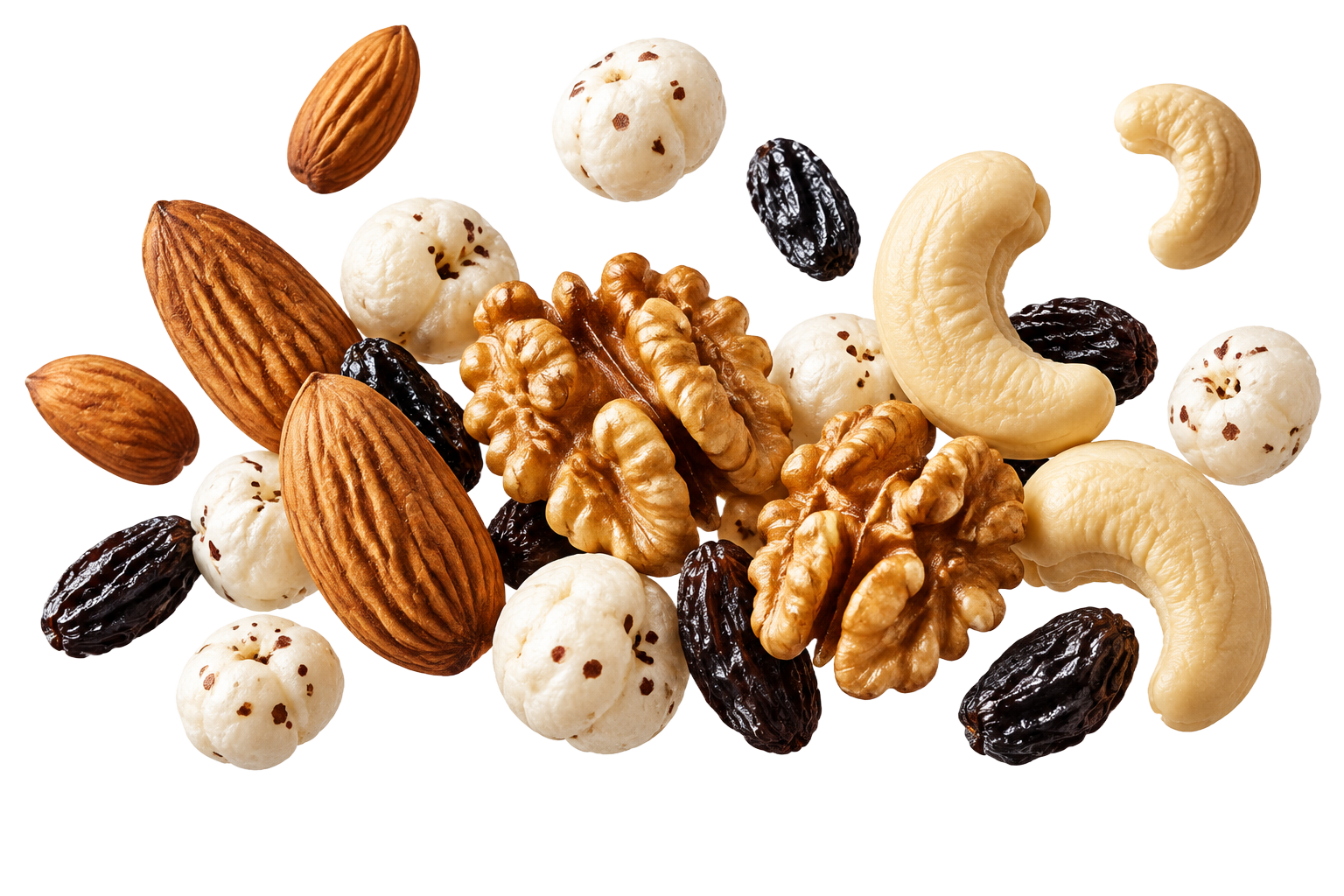 A generous handful of almonds, cashews, walnuts, makhana and black raisins